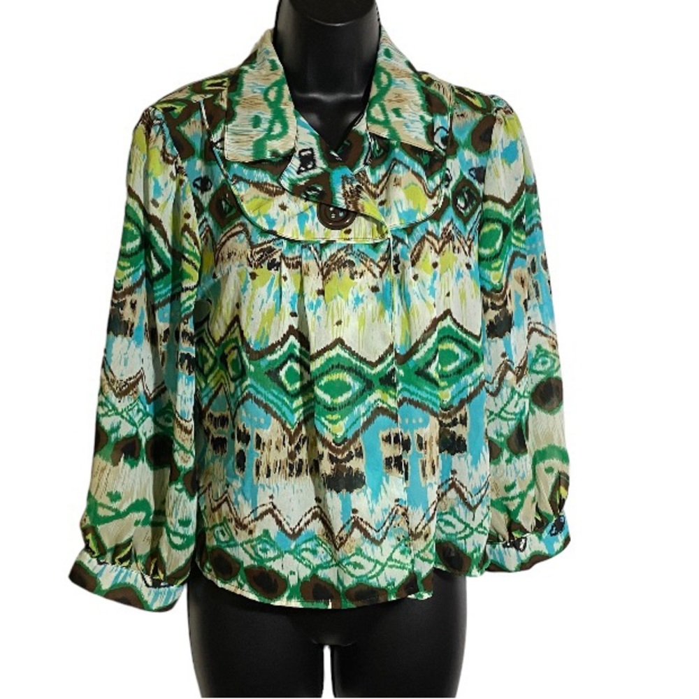 Y2K Sheer Jacket and Stretch Tank One Button Closure Lightweight Ikat Print